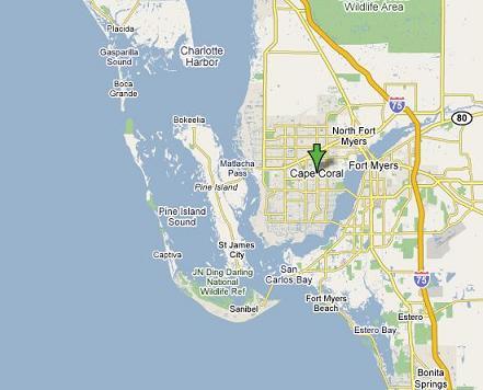 Map of Cape Coral, Florida and surrounding islands